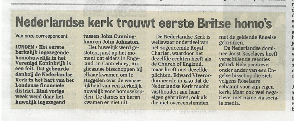 Onze vorige predikant ds. Röselaers leidt het 1e homohuwelijk in Engeland.