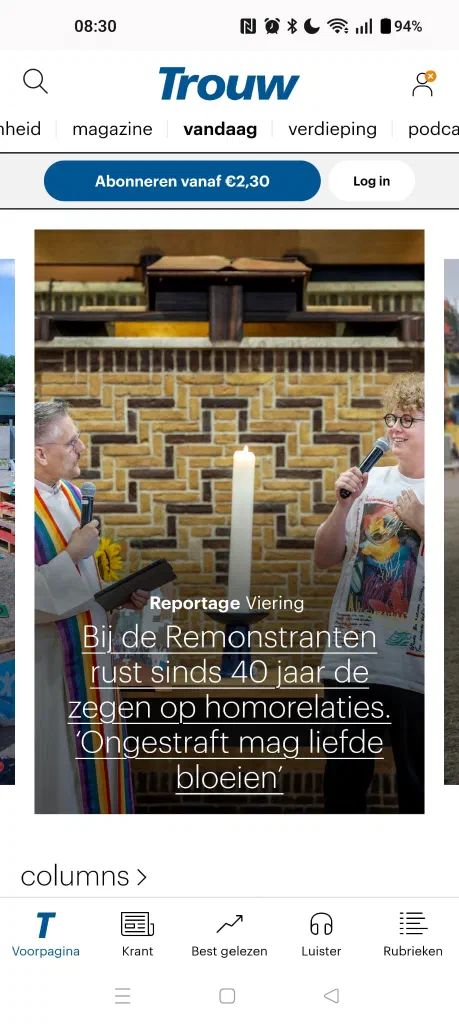 “Bij de Remonstranten rust sinds 40 jaar de zegen op homorelaties. ‘Ongestraft mag liefde bloeien’ ” – vandaag in Trouw